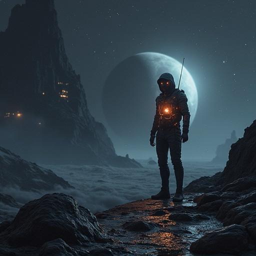 A futuristic human stands on a rocky terrain. A dark dwarf star is in the background with a large moon. The figure holds a light source. Surreal atmosphere with shadows.