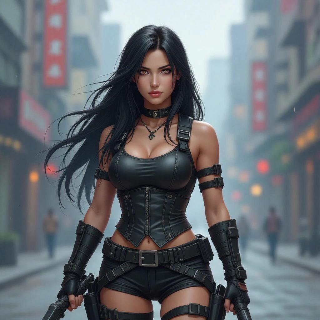 Character dressed in black attire with weapons in an urban environment. Long dark hair flowing and standing confidently. The atmosphere is moody with a hint of mystery.