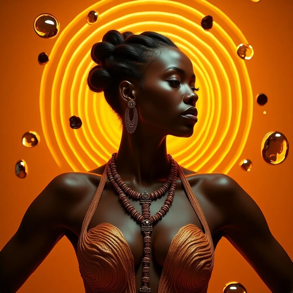 Futuristic surreal portrait of a regal dark-skinned woman in intricate tribal outfit. Background features vibrant deep orange with concentric circular patterns. Floating metallic and crystal ornaments present. Serene expression, elegant braided hair style, adorned with jewels. Dramatic lighting casts soft shadows.