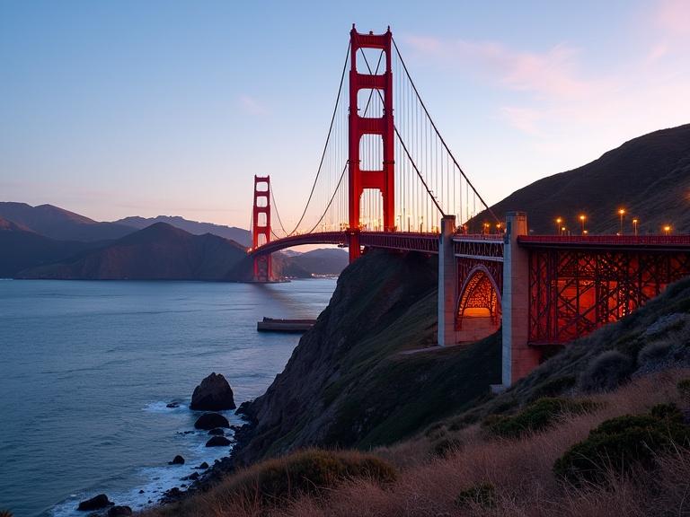 Golden Gate Bridge over the sea at twilight. The bridge stands tall with lights glowing. Rocky shore below and hills in the background with soft colors of sunset.