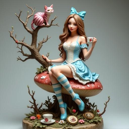 Stylized resin sculpture of a woman inspired by Alice in Wonderland sitting on a large mushroom. The woman has realistic proportions, a slender body, and a playful expression. She holds a tea cup and wears a light blue dress. Features include a blue bow, striped stockings, a long wavy hairstyle, and elements like a small Cheshire Cat, a twisted tree, poker cards, and decorative teacups arranged at her feet. Overall aesthetic is delicate and charming with an elegant finish.