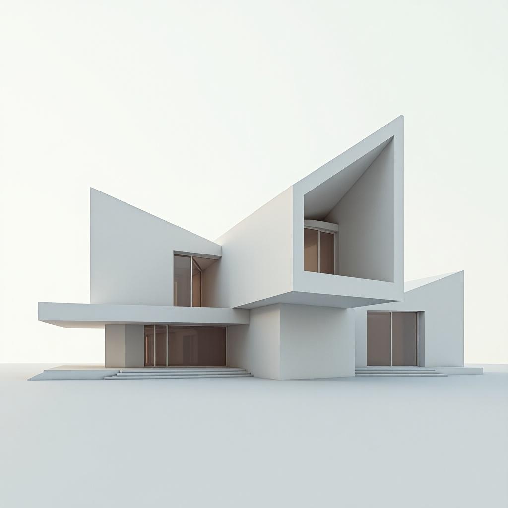 Modern minimalist architectural structure features angular geometric design. The house has clean lines and a futuristic appearance. It stands with a unique shape and large glass windows. Soft even lighting enhances the structure's design.