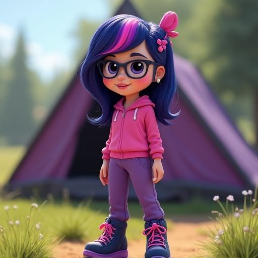 A Pixar-style character with glasses. Character has navy-blue hair with pink and purple stripe. Standing outside a tent at summer camp. Wears pink tracksuit top, purple pants, navy-blue hiking boots with pink laces.