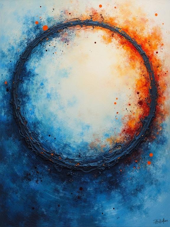 Dynamic abstract circle with a blend of blue, white, and orange colors. Textured brush strokes create a vibrant atmosphere. Background features soft splashes of orange and hints of plum.