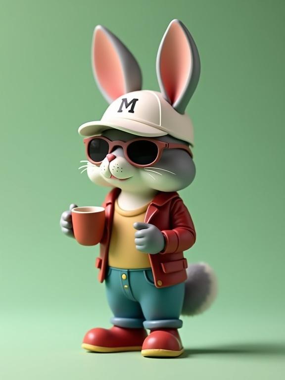 Anthropomorphic rabbit figure standing in designer toy style holding a cup. Light gray fur with white muzzle and pink cheeks. Wears yellow sunglasses with black frames, white trucker cap with a burgundy 'M', burgundy utility vest over beige shirt, blue pants, and burgundy work boots. Smooth pastel green background. Soft studio lighting.