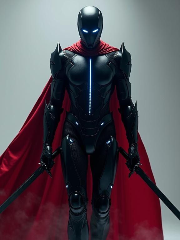 Sleek toned armored warrior in futuristic black polished armor. Armor has pronounced shoulder guards and forearm plates. Contoured chestplate with a blue glowing line. Wears a flowing red cape draping over shoulders. Holds dual long thin futuristic swords. Eyes glow bright blue. Radiates noble presence. Cinematic lighting and dynamic pose.