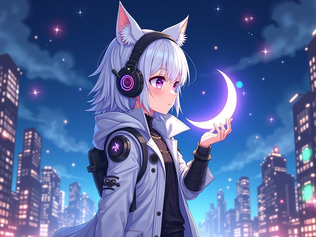 This is an illustration of a futuristic character standing in a cityscape at night. The character has striking white hair with cat-like ears and is wearing large headphones. They are dressed in a stylish white coat that features various technological accessories. The background is filled with glowing buildings and stars, creating a vibrant and magical atmosphere. The character is gazing thoughtfully into the distance while holding a glowing crescent moon in their hand.