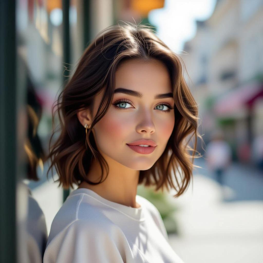 Attractive young woman with blue eyes looks at shop window. Animated gif style depicted. Light white and light amber colors in the scene. Soft sunbeams shine on her. Jagged edges create visual interest. Evokes a sense of timeless beauty and aesthetic appeal.