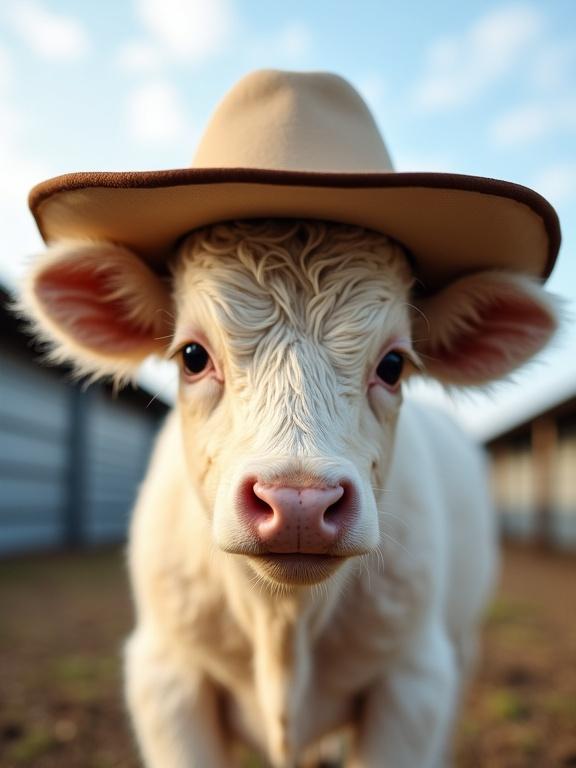 Humorous and endearing portrait of a young calf wearing a cowboy hat. The calf looks directly at the camera with a playful expression. Light cream and white fur contrasts with tan hat. Outdoor farm setting with blurred background highlights the calf's character.