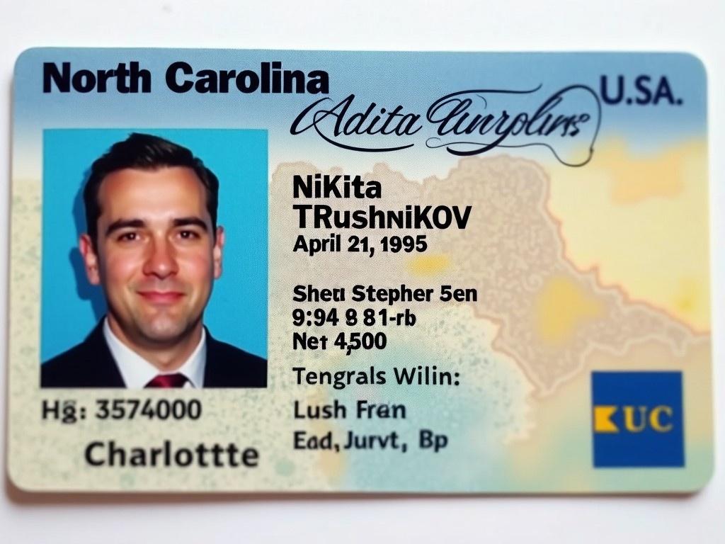 This image features a North Carolina driver's license. The license displays the name 'Nikita Trushnikov' prominently. It indicates that Nikita is 29 years old, with a date of birth listed as April 21, 1995. The state of issuance is North Carolina, specifically from Charlotte. This driver's license is an essential form of identification in the U.S.