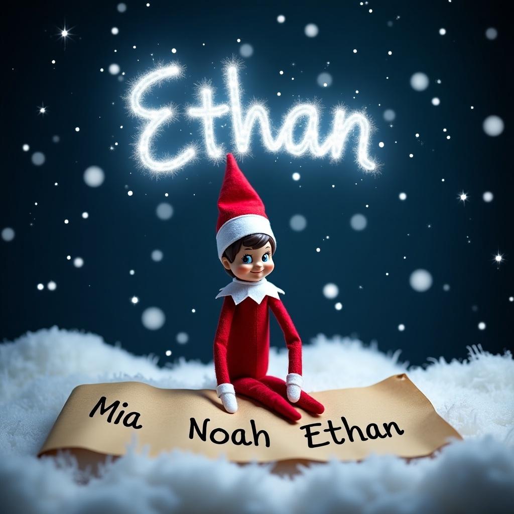 A festive scene featuring an Elf on the Shelf sitting on a snowy surface at night. The elf is dressed in traditional red and white attire, looking cheerful and whimsical. Above the elf, the name 'Ethan' is written in sparkly letters in the night sky. In front of the elf is a piece of parchment with the names 'Mia,' 'Noah,' and 'Ethan' beautifully written on it. The background is filled with soft, falling snowflakes, creating a magical atmosphere for the holiday season. This enchanting setting captures the spirit of Christmas and childhood wonder.