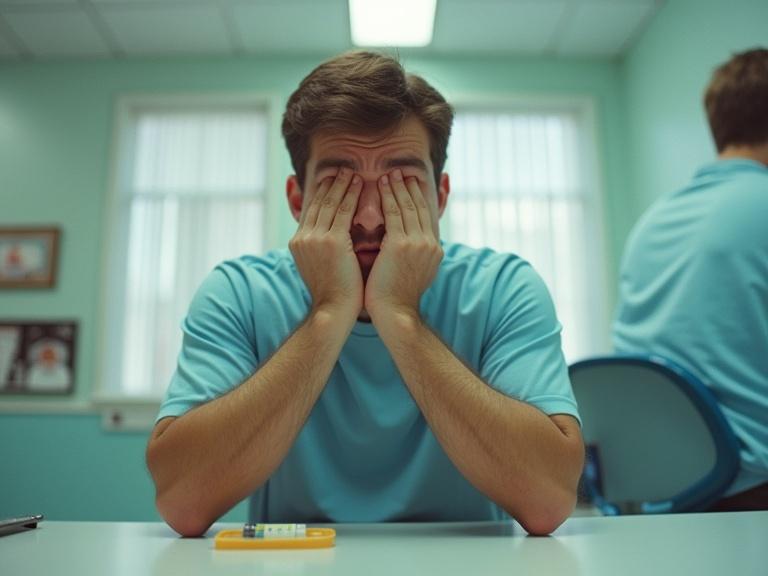 A person sitting in a doctor's office. The person has hands covering their eyes. The setting has bright colors. The perspective is low angle, emphasizing nervousness. A wide-angle lens is used. The image captures the light and ambiance typical of a medical setting.