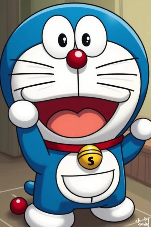 Cheerful blue robotic cat standing happily with hands raised. Iconic character from Japanese anime known for his gadgets and friendship.