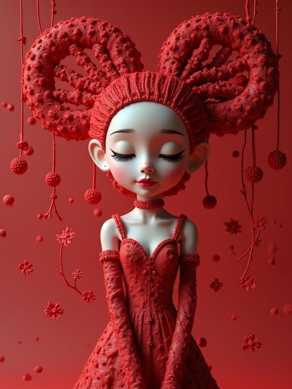3D artwork featuring a stylish character in a red dress. Character has exaggerated features and unique hairstyle. String elements and floral designs surround the character. Mood is whimsical and fantasy-driven.
