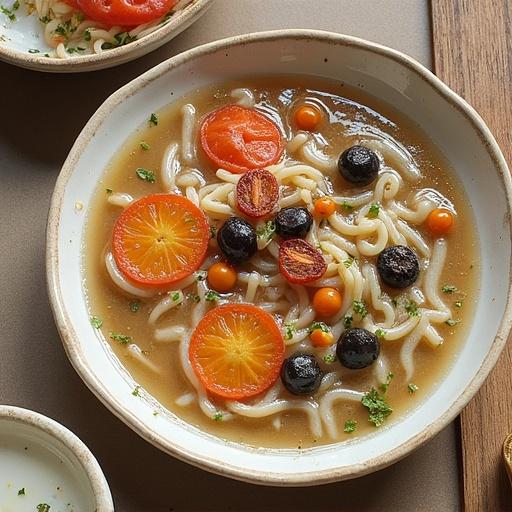 Bowl of soup with noodles garnished with tomatoes and berries