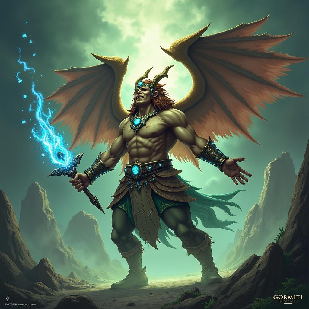 Fictional character Megasus depicted with wings and sword in a dramatic setting. Powerful and symbolic representation of elemental unity. High detail and vibrant colors.