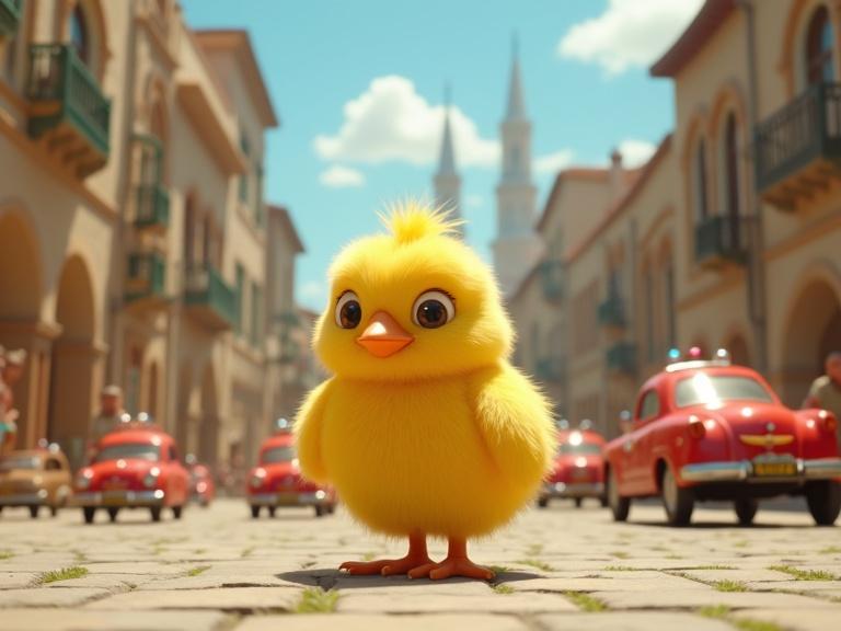 Still from a 1990s-style animated invasion movie featuring a fluffy yellow chick in the city. The chick waddles with oversized eyes and tiny beak. Its wings are raised in surprise. Humanoid characters run in panic, and toy-like emergency vehicles scatter. The background shows Baku with historic architecture and Flame Towers. The scene is sunny with soft clouds, shot with a dynamic low-angle lens. The chick and characters are hyper-realistic with Pixar-meets-stop-motion style and 32K detail.