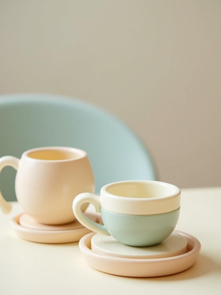 A silicone baby feeding set arranged on a table. The set includes two cups with saucers. The cups are in pastel colors. The background is a soft neutral tone. The scene is well lit and appealing.