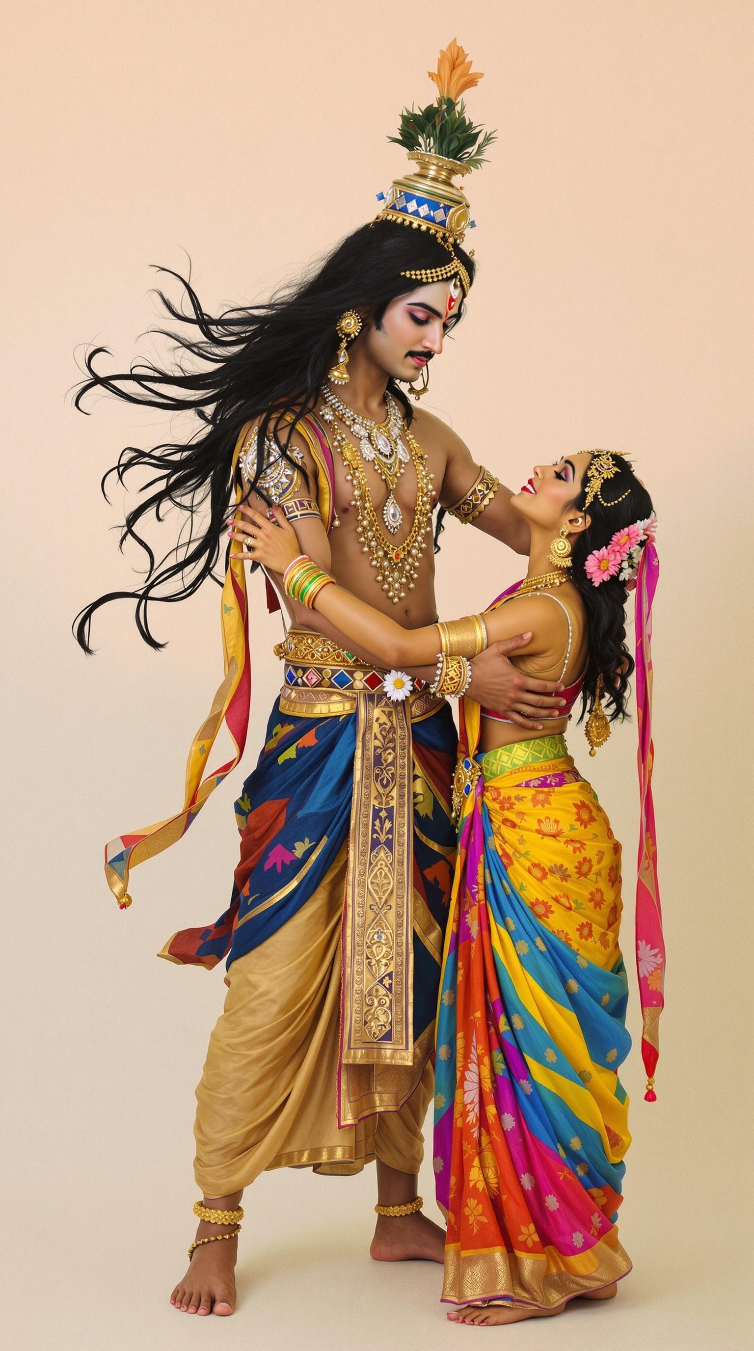 The artwork features Arjuna as Brihannala, portrayed with long black hair cascading down, adorned with delicate jewelry, and dressed in stunning traditional Indian women's attire that boasts vibrant colors. His face embodies soft and feminine expressions, creating a striking yet graceful image. He is engaged in the act of teaching dance to Uttara, who is depicted in an array of colorful clothes that reflect her enthusiasm. This dynamic interaction captures a moment steeped in cultural significance and the blending of gender roles as dictated by the epic. The background is light, making the figures stand out in their intricate outfits, while the overall composition conveys joy and a celebration of dance.