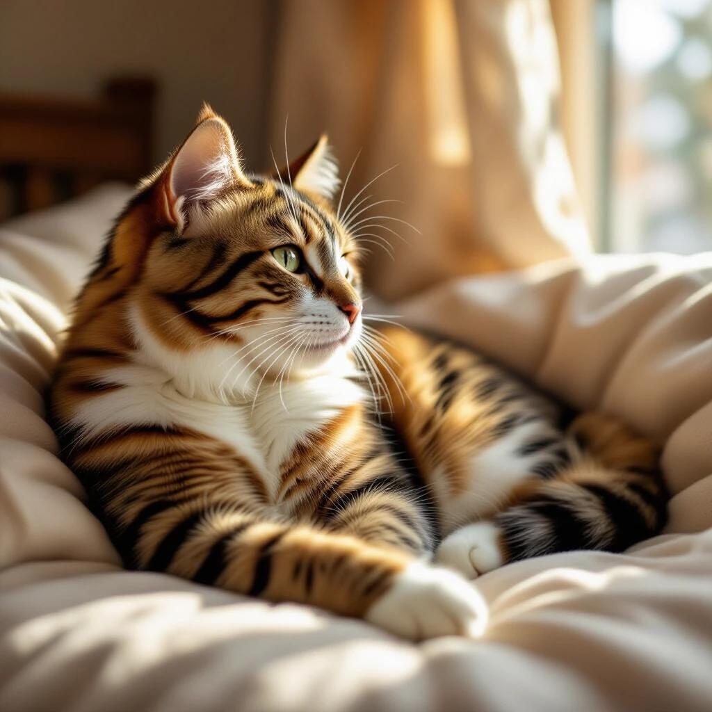 This image features a brown and white cat lounging in a sunlit room. The cat's fur shows varied brown stripes against a white belly. It gazes outside, basking in the sunlight. The room's light is soft, with wooden furniture and curtains in the background creating a warm atmosphere. The overall scene evokes tranquility and relaxation.