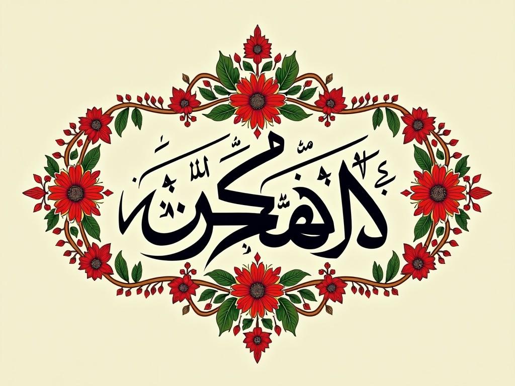 The image features intricate Arabic calligraphy showcasing a religious phrase, artistically presented within a decorative border. The black calligraphy stands out against a soft cream background, adorned with floral and geometric patterns in vibrant colors. The overall design emphasizes both elegance and cultural significance. Suitable for artistic representation of Islamic culture, this piece can be used for various purposes, from wall art to printed materials. It embodies traditional motifs, making it a beautiful addition to any setting.