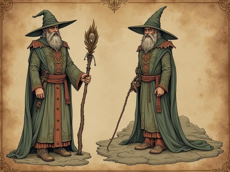 Wizard design featuring a sage-like figure in a green robe. Character holds a staff adorned with a skull. The wizard has a long beard and wears a pointed hat. The image is presented in two perspectives.
