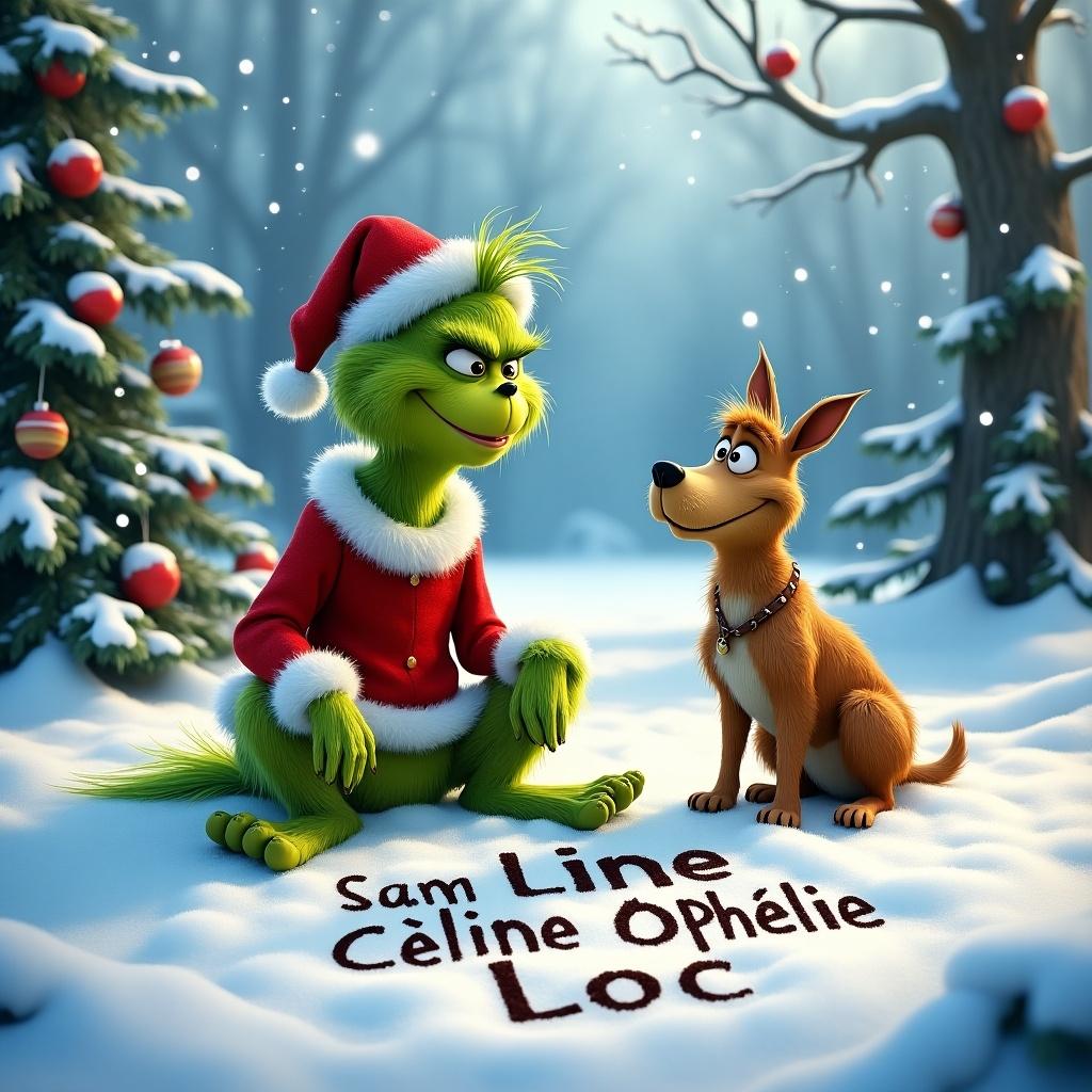 A whimsical wintry scene features Grinch and his dog Max. Grinch wears a red Santa outfit. They are on snowy ground. Snow-covered trees have Christmas ornaments. Grinch plays while writing names in the snow. The atmosphere is cheerful with falling snowflakes. Scene captures humor and heartwarming moments of holiday tales.