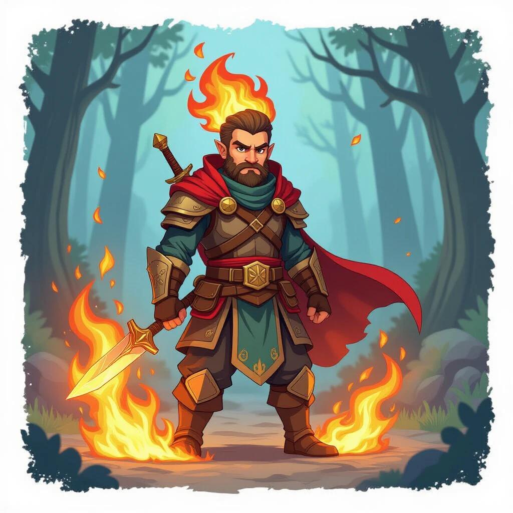 Character from a fantasy world stands confidently surrounded by flames. He is a detailed 2D fantasy warrior design. Flamed sword held high. Cartoonish detailed art style. Background depicts a magical forest ambiance with mystical elements.