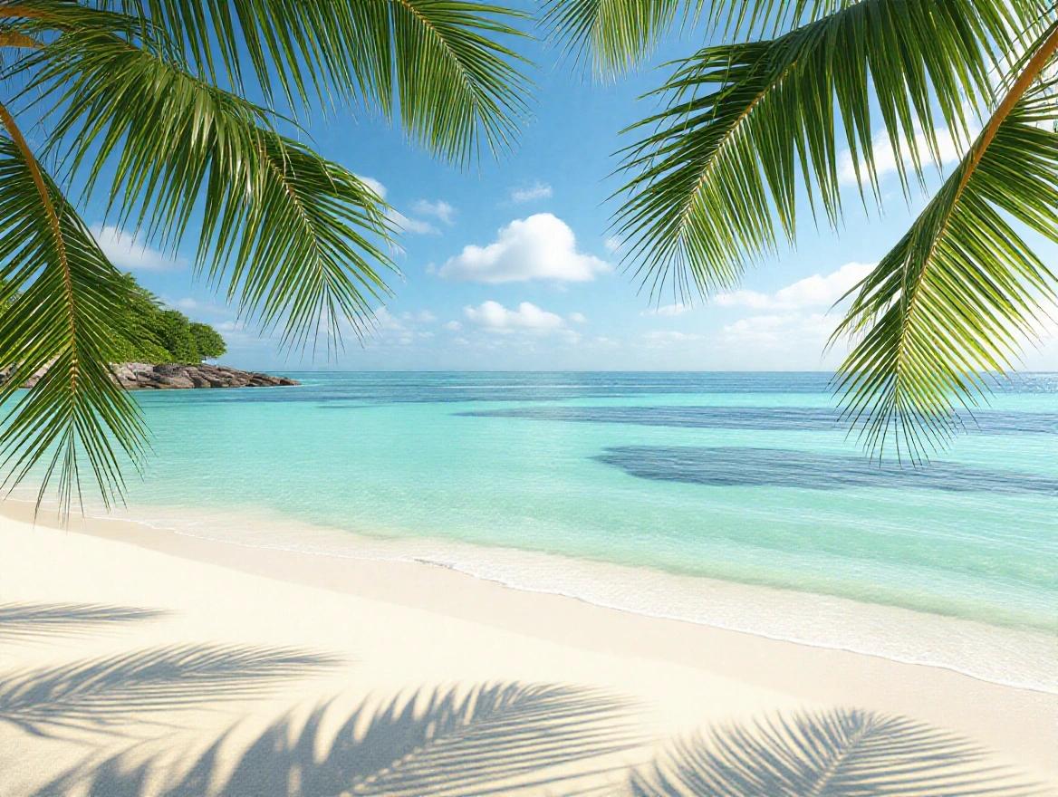 A photorealistic image features a sunny beach with white sand and green palm leaves. Calm turquoise water and a clear blue sky create a serene atmosphere. Ideal for vacation promotions.