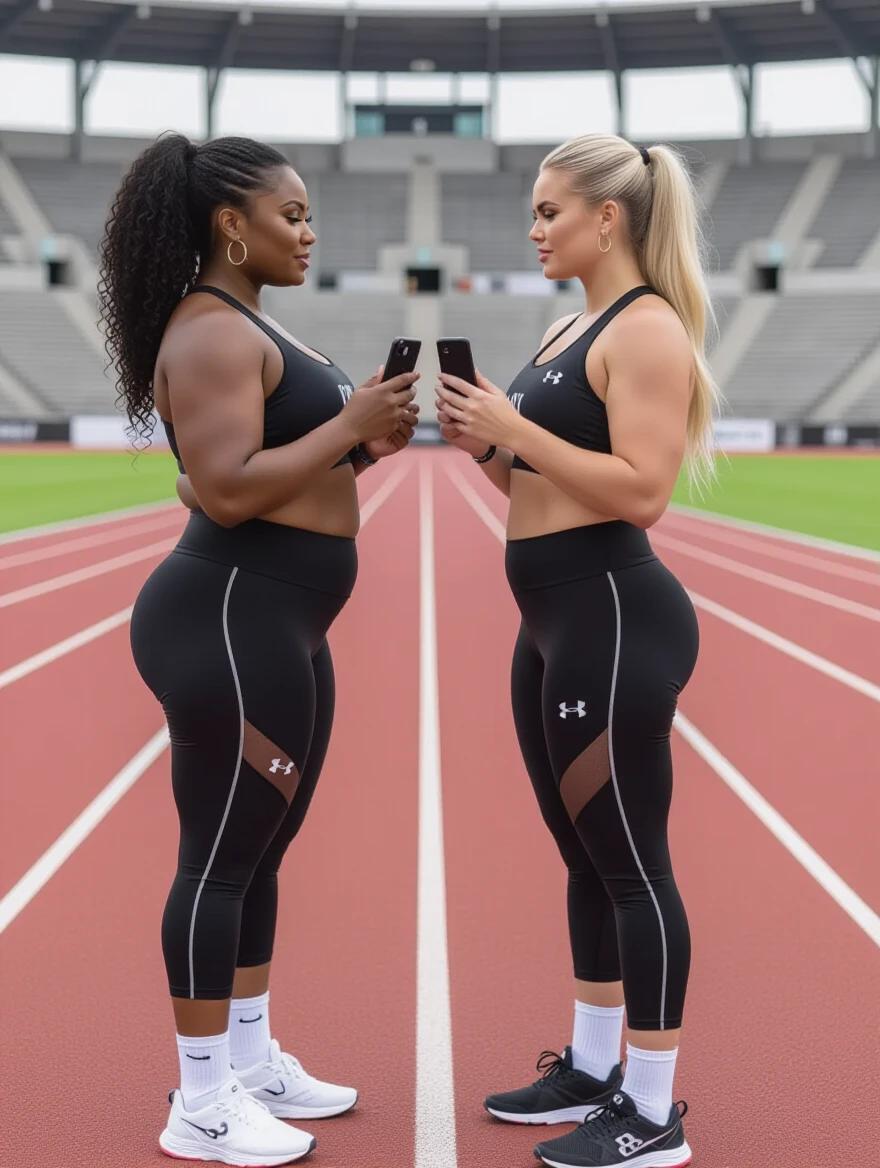Two athletic women stand facing each other on a track. They have similar heights but different skin tones. Women wear black athletic leggings and tops. They hold iPhones touching each other. The background is a morning track stadium.