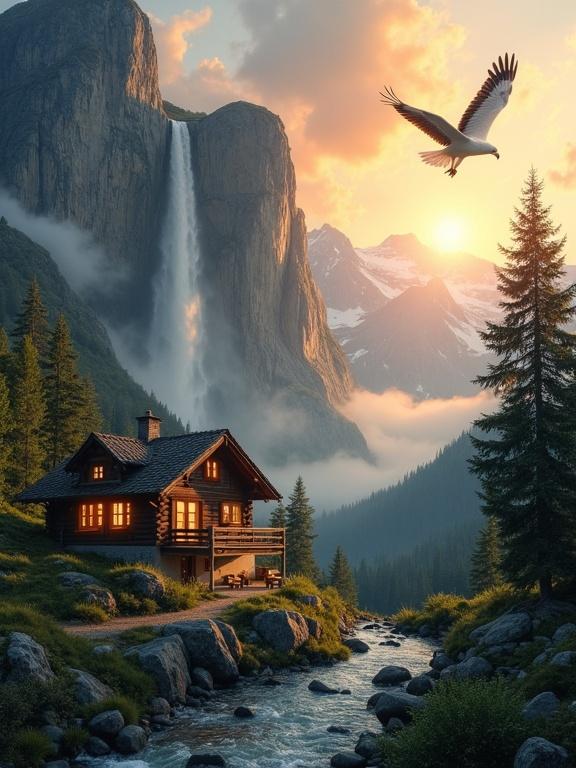 A cozy wooden cabin with glowing lights during golden sunset. A tall vibrant waterfall cascades from a rocky cliff in the background. Dense mist fills the valley, a white eagle flies gently. Smooth cinematic motion captures realistic scenic beauty.