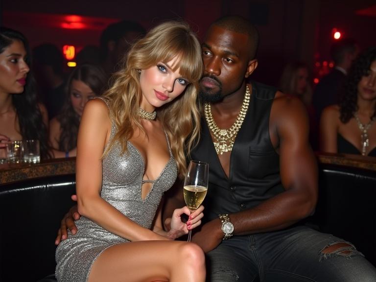 Realistic depiction of a couple in a nightclub setting. Young woman with long blonde curls wearing a sparkly dress sits closely to a man in a leather vest. They are surrounded by a lively nightlife atmosphere. Woman holds a champagne glass and looks towards the viewer. The scene captures the intimate and chaotic essence of nightclubs.