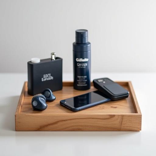 Complete Gillette shaving kit with razor, foam, and post-shave on wooden table. Includes passport, wireless earbuds, and smartphone. Minimalist style, white background, focus on practicality and mobility.