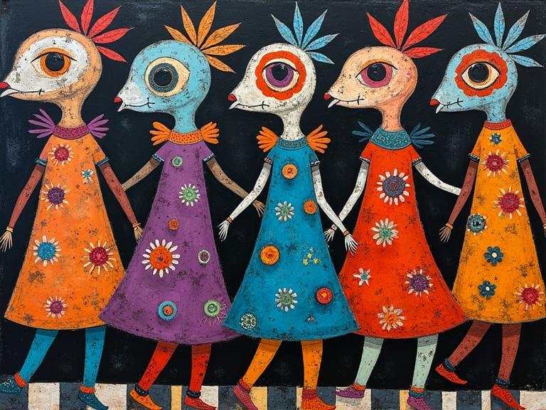 A conga line of abstract creatures dances on a checkerboard ground. Each figure wears a dress adorned with flowers and colorful patterns. The background features a moody atmosphere along with fractal designs. The creatures have elongated shapes with naive folk art influences. The artwork is rendered in 3D with textured details and showcases a vibrant, surreal style.