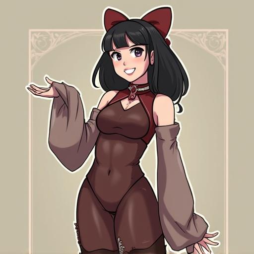 Anime style character in revealing clothing. Character has black hair and a bow. She has a playful expression and wears oversized sleeves.