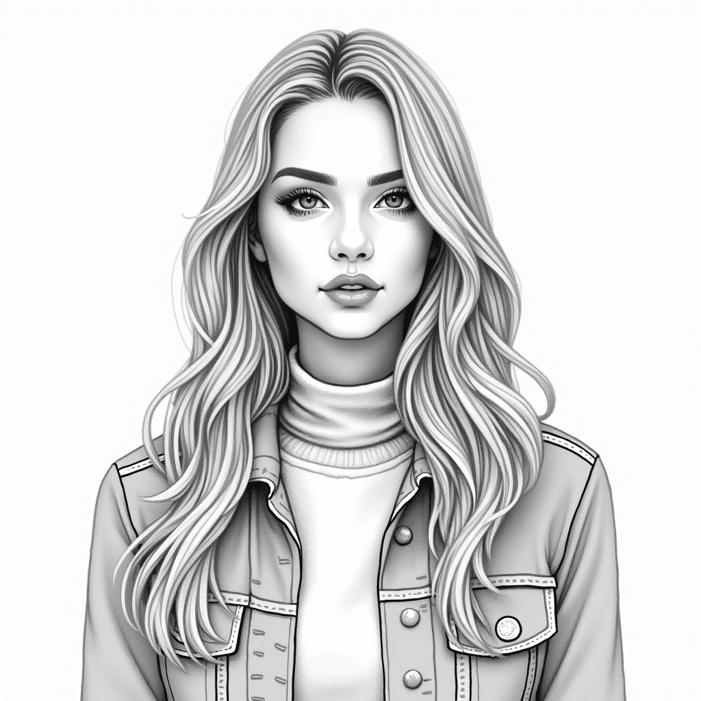 A detailed black and white illustration of a woman with long hair and a denim jacket.