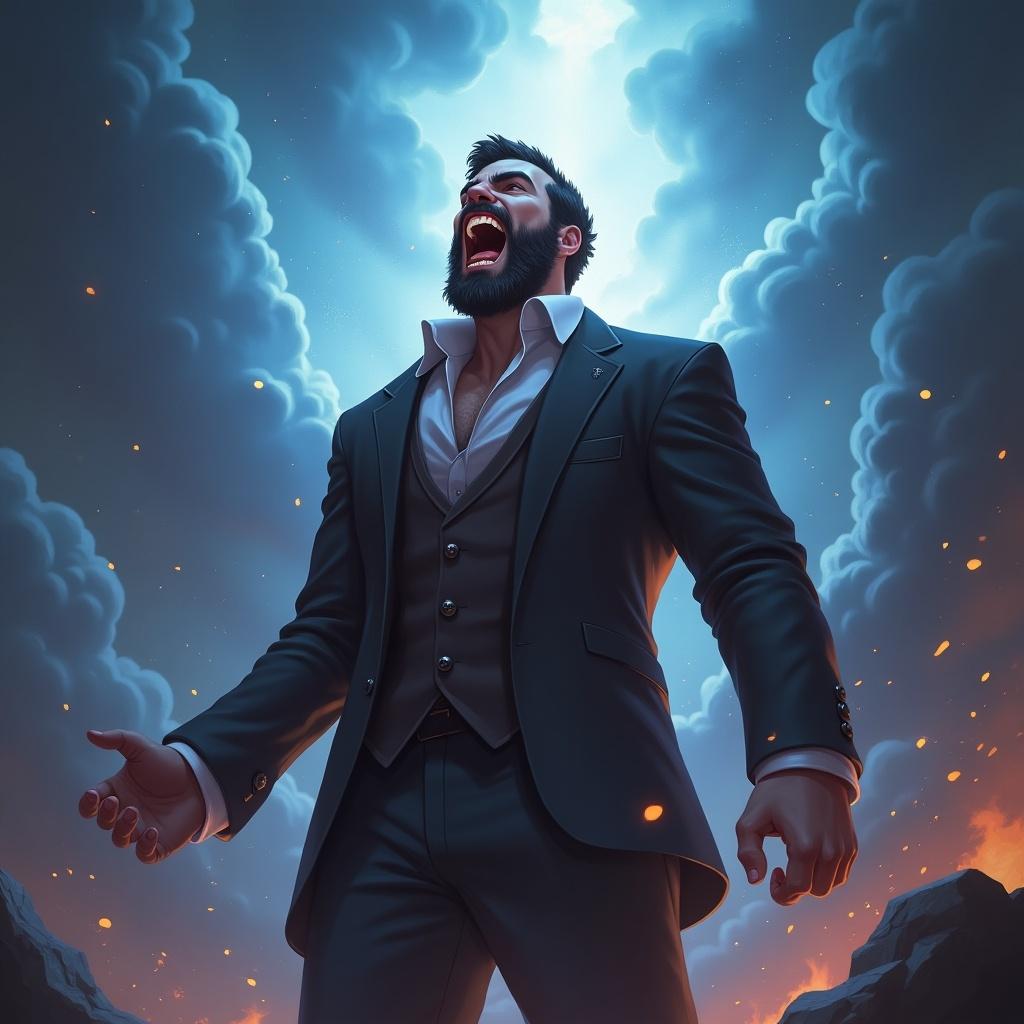 Ability icon inspired by League of Legends style. Depicts a man in a suit screaming skyward with dramatic background.