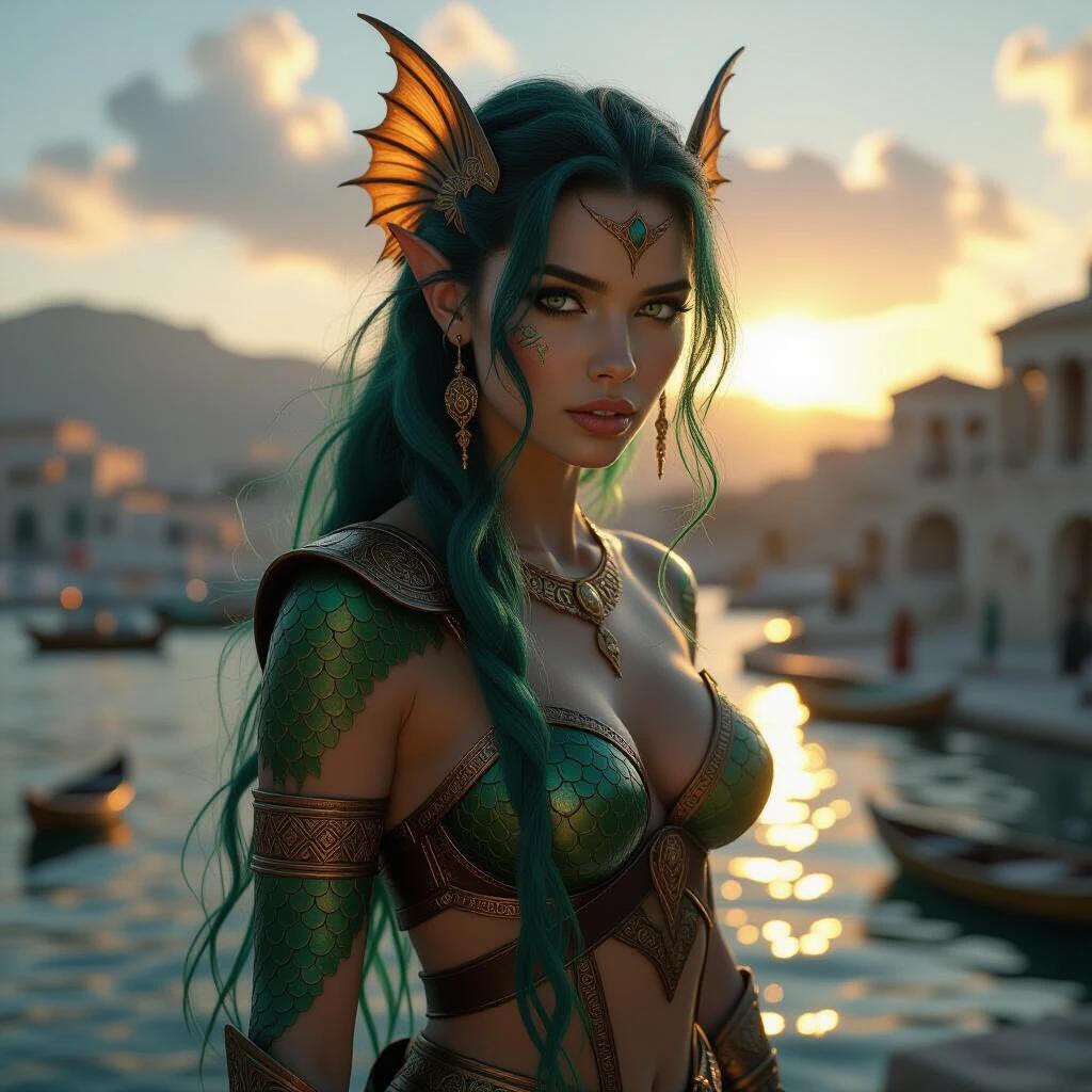 Cinematic portrait of beautiful Triton female with fish features and green-blue scaled skin. Curvaceous build with magic-wielding stance. Wears Ancient-Greek clothing. Long green-blue hair. Golden hour lighting creates shadows. Ancient Greek port city is backdrop. High detail textures in 8K resolution.