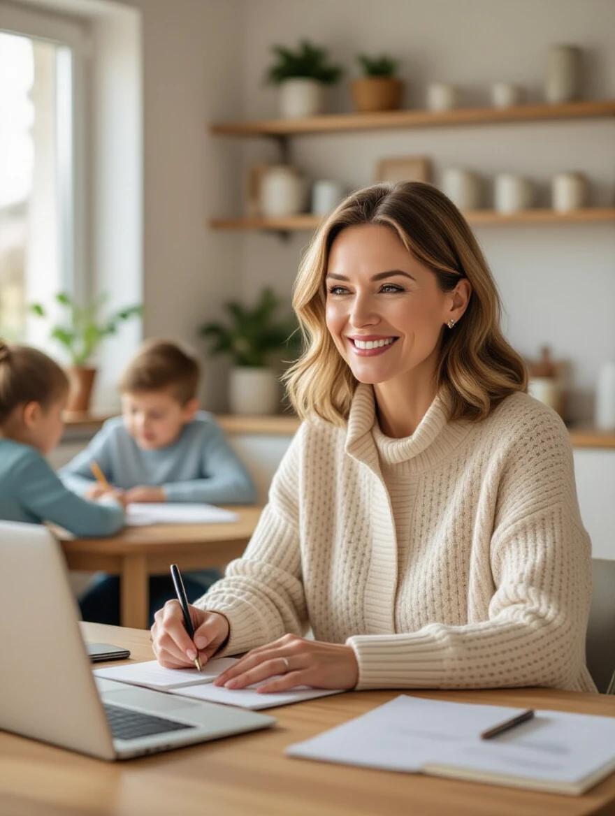 Woman in a sweater smiling and taking notes at a kitchen table. Children in background drawing and reading. Calm and focused atmosphere. Morning light. Casual home setting.