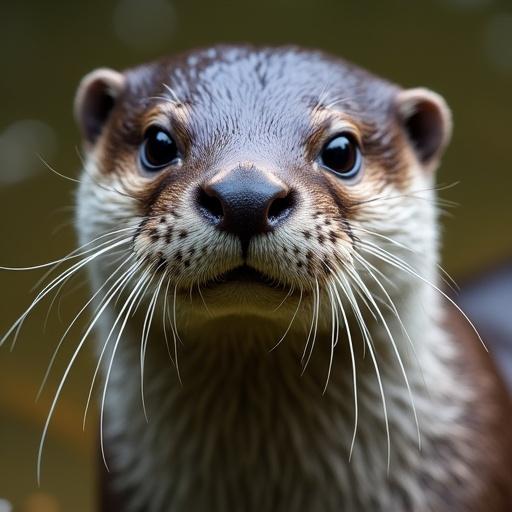 Close-up of a glossy otter with a focus on its face and expressive features. Natural background enhances the otter's glossy fur.