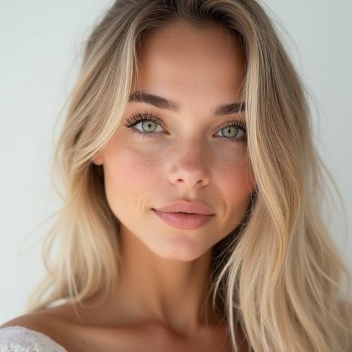 Portrait of a young woman aged 20. She has petite stature with lightly tanned smooth skin and subtle blemishes. Defined cheekbones highlighted with a small upturned nose. Hazel-green eyes with thick lashes and arched brows. Long straight ash-blonde hair with honey undertones. Full lips are lightly glossed. Confident playful demeanor. Shot in studio with flash lighting and a white background in high realism with 8K resolution.