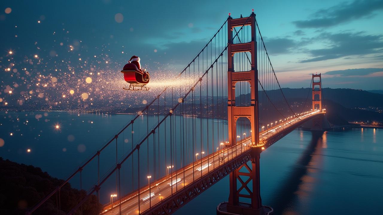 Aerial shot of Santa flying on his sleigh over the Tagus Bridge in Lisbon. Magical atmosphere with sparkles transforming into BIM models of landmarks in the city. Ultrarealistic style, Arriflex Alexa shot.