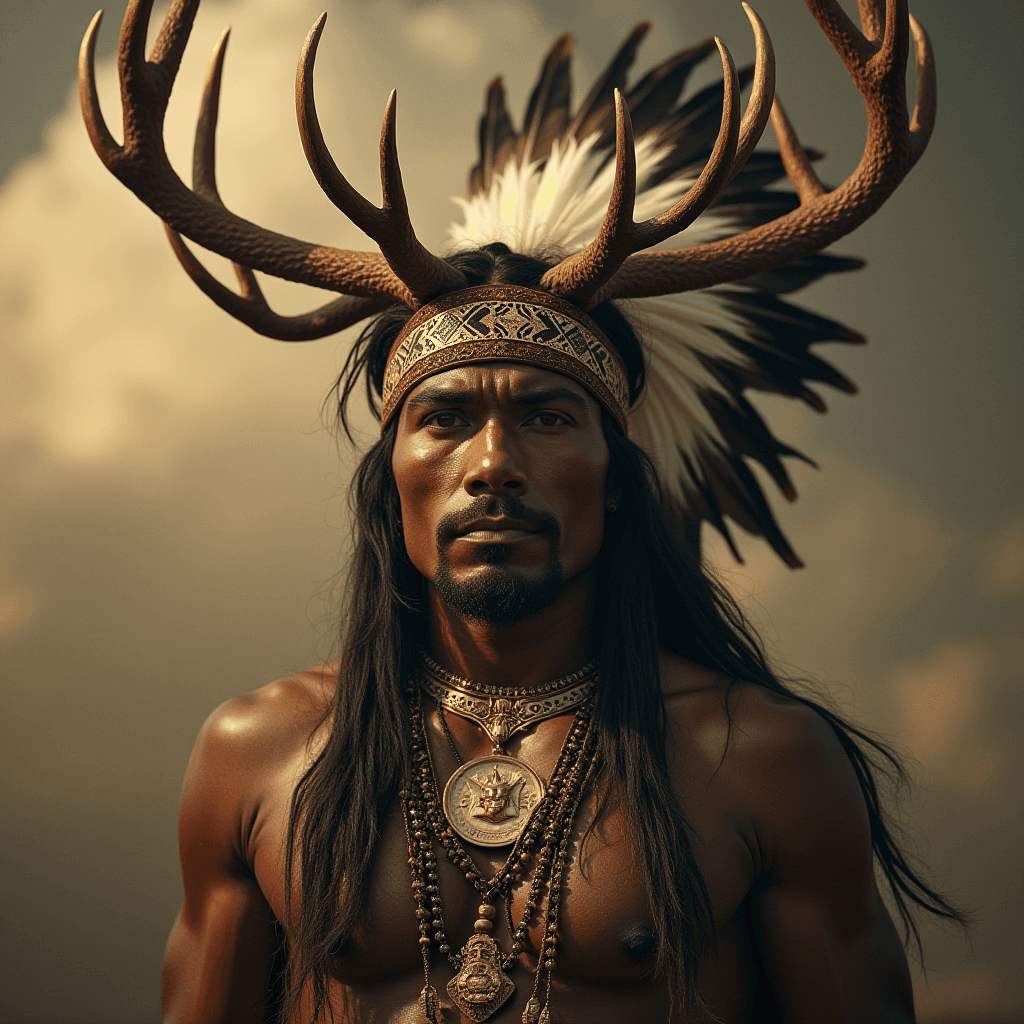 A regal figure adorned with an antler headdress and ceremonial jewelry, embodying strength and heritage.