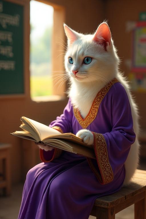 An ultra-HD 4K cinematic scene set inside a modest village classroom. The scene features a white Chinese cat with blue eyes sitting on a wooden bench, wearing a purple kurta. The cat is flipping through a worn book, showing deep concentration. Sunlight is streaming through a window, highlighting the cat's fur. The classroom has mud walls, colorful charts, and a blackboard with Bengali writing.