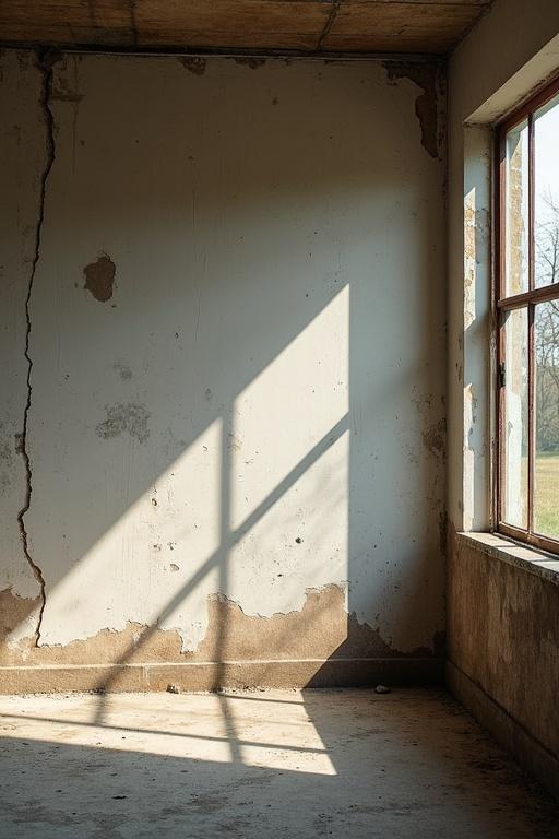Create a wall from an abandoned place indoors. Make shadows visible across the wall. Show an empty space with a window.