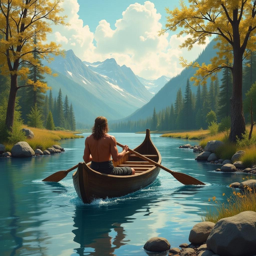 This image features a serene river scene with a young man rowing a small Viking boat. The setting includes beautiful ash trees lining the riverbanks, contributing to a peaceful atmosphere. In the background, majestic mountains rise under a bright blue sky dotted with fluffy clouds. The sunlight casts a warm glow on the scene, enhancing the golden hues of the surroundings. This composition evokes a sense of adventure and connection with nature, ideal for those who appreciate serene outdoor landscapes.