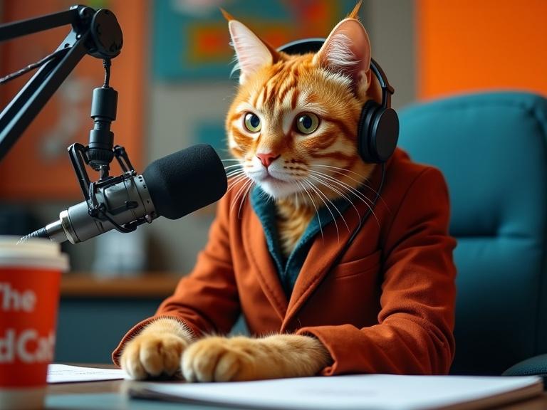 A stylish orange tabby cat wearing headphones sits in a high-style chair while speaking into a podcast microphone. The colorful podcast studio features a coffee cup labeled The PodCat.