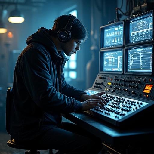 Realistic image of a musician in a dark room working on a synthesizer connected to an industrial machine. The environment features dim lighting creating a cool atmosphere.