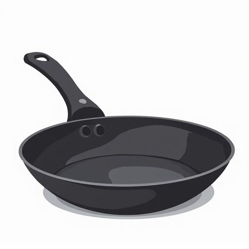 GIF image of a frying pan on a transparent background. Large black pan in Bob Squarepants cartoon style. Tipped at 45 degrees showing heated part.