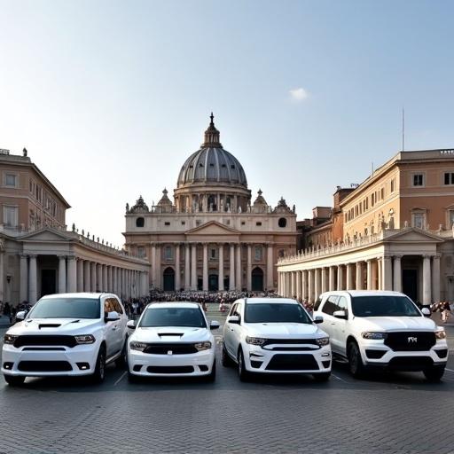 Line of white cars at St. Peter's Square. Vehicles include Dodge Challenger Hellcat, Chrysler Pacifica, Dodge Durango SRT, Chrysler 300 SRT, Jeep Wagoneer, Ram 2500. Historic architecture in background.